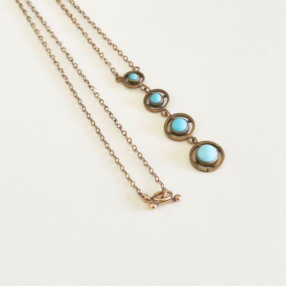 Antique Yellow Gold Filled Blue Robin's Egg Enamel Graduated Drop Necklace 17" - Picture 5 of 13